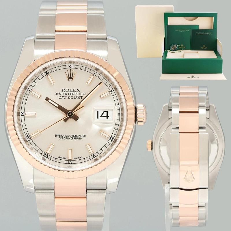 MINT Rolex DateJust Tone Rose Gold Steel 36mm Silver Stick 116231 Watch Box: Brand Rolex (Guaranteed Authentic) Model DateJust Reference Number 116231 Serial Number Z Gender Unisex Metal Stainless Steel and Rose Gold Case Size 36.00mm Wrist Size This watch will currently