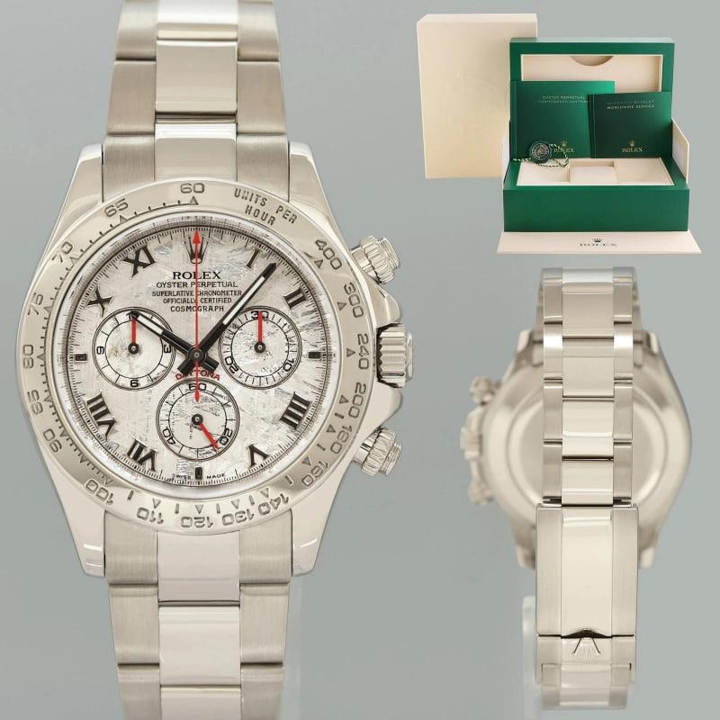 MINT 2015 Rolex Daytona Meteorite Roman 116509 White Gold Chronograph Watch Box: Brand Rolex (Guaranteed Authentic) Model Daytona Cosmograph Reference Number 116509 Serial Number Random Gender Men's Metal White Gold Case Size 40.00mm Wrist Size This watch will currently comfortabl