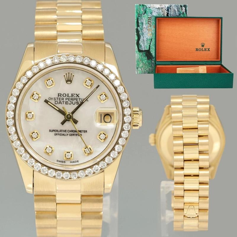 PEARL DIAMOND Rolex 6827 Yellow Gold 31mm Midsize Lady President Watch: Brand Rolex (Guaranteed Authentic) Model DateJust Reference Number 6827 Serial Number 6.4 Gender Ladies Metal Yellow Gold Case Size 31.00mm Wrist Size This watch will currently comfortably fit the ave