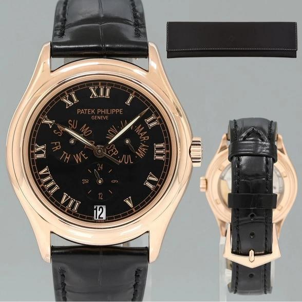MINT Patek Philippe Rose Gold Annual Calendar 5035r Black Roman 37mm Watch Box: Brand Patek Philippe Model Annual Calendar Ref # 5035R Gender Men's Metal Yellow Gold Case Size 37 MM Wrist Size Will fit up to a 7.50" inch wrist Movement Patek Philippe Philippe Self-winding
