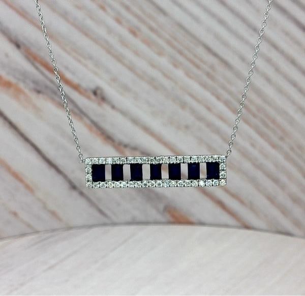 Sapphire & Diamond Pendant Necklace In 14k White Gold.: Condition: Pre-owned - Good,Pendant Shape: Rectangle,Number of Diamonds: 44,Closure: Lobster,Occasion: Anniversary, Birthday, Christmas, Confirmation/Communion, Graduation, Mother's Day, Valentine's