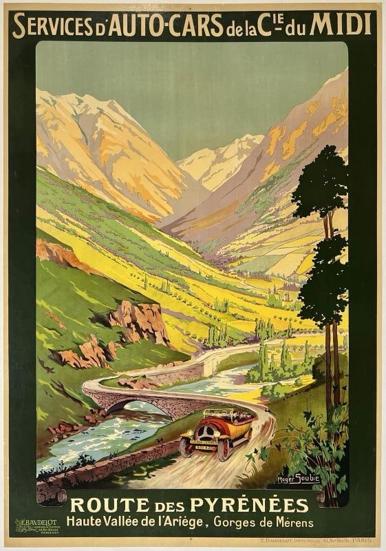 Original Vintage Poster ROUTE DES PYRENEES French Travel France Tourism LINEN: Dimensions: 28.8 x 41.3 in. / 73 x 105 cm.; Circa: 1930 Original vintage "ROUTE DES PYRENEES" travel poster, plate signed by its artist, ROGER SOUBIE, and printed circa 1930.
