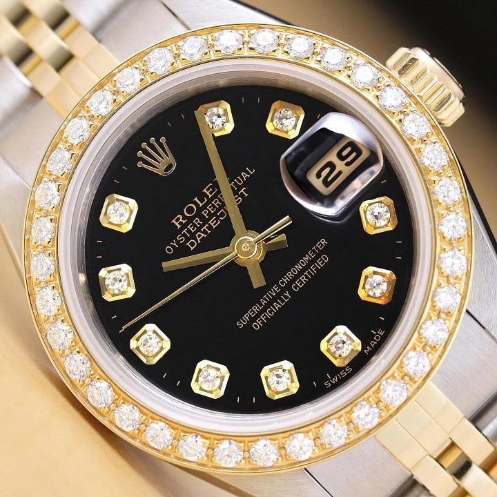 ROLEX LADIES DATEJUST 79173 BLACK DIAL 18K GOLD STEEL TWO TONE DIAMOND WATCH: Condition: Pre-owned - Excellent,Bezel Color: Gold,Max Wrist Size: 6.26-6.75 in,Number of Jewels: 31 Jewels,Indices: Diamond Markers, 12-Hour Dial,Band: Rolex Two-Tone Jubilee Bracelet,Bezel: Custom 1