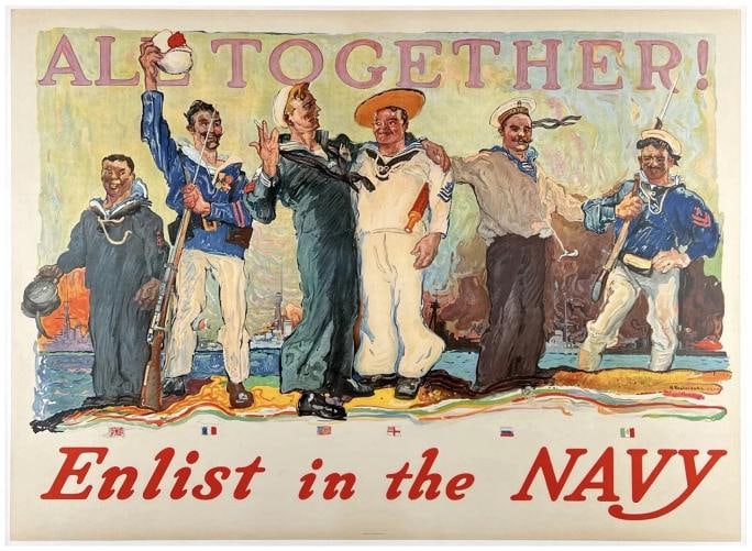 Original Vintage Poster ALL TOGETHER! ENLIST IN THE NAVY USA WWI Propaganda OL: Dimensions: 43.3 x 31.5 in. / 110 x 80 cm.; Circa: 1917 Original vintage "ALL TOGETHER! ENLIST IN THE NAVY" WWI recruiting poster, plate signed by its artist, HENRY REUTERDAHL, and printed circa 1917.