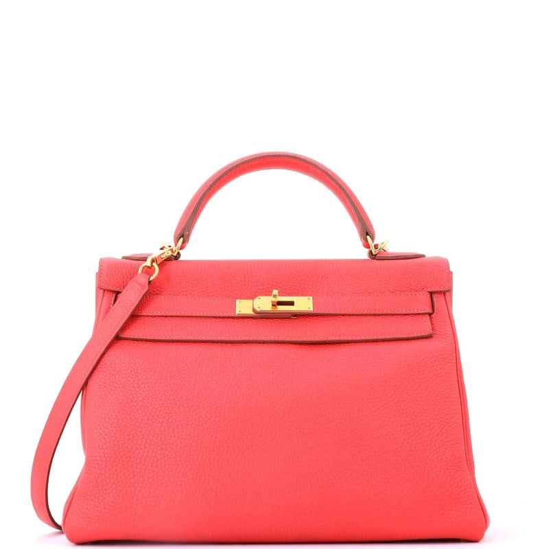 Hermes Kelly Handbag Pink Clemence with Gold Hardware 32: Condition: Pre-owned - Good,Brand: Hermes,Exterior Material: Leather,Style: Top Handle,Exterior Color: Pink,Department: Women,Size: 32,Accessories: Dust Bag, With Strap