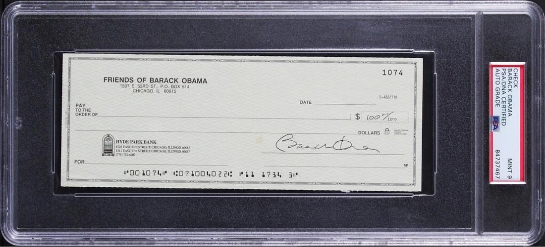Barack Obama Authentic Signed 3x8 Check Auto Graded Mint 9! PSA/DNA Slabbed (1 of 5)