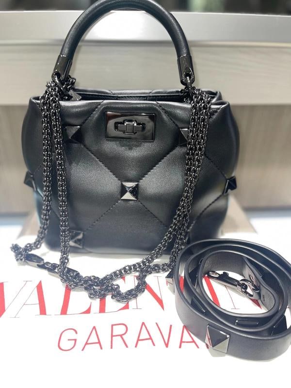 Valentino Roman Stud Medium Shoulder Bag Black: Condition: Pre-owned - Good,Brand: Valentino,Department: Women,Size: Medium,Exterior Color: Black,Style: Shoulder Bag,Exterior Material: Soft black Nappa leather,Accents: Studded,Country of Origin: