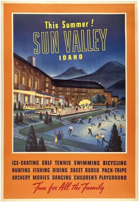 Original Vintage Poster THIS SUMMER SUN VALLEY IDAHO Travel Tourism Vacation OL: Dimensions: 26.6 x 39 in. / 67.5 x 99 cm.; Circa: 1940 Original vintage "THIS SUMMER! SUN VALLEY IDAHO" travel poster, designed by an anonymous artist, and printed circa 1940.