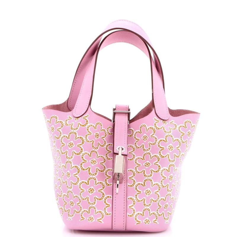 Hermes Picotin Lock Bag Lucky Daisy Printed Swift Micro: Condition: Pre-owned - Good,Brand: Hermes,Exterior Material: Leather,Style: Bucket,Exterior Color: Pink,Department: Women,Size: Micro,Accessories: Lock, Dust Bag, Keys Condition: Very good. Exterior: