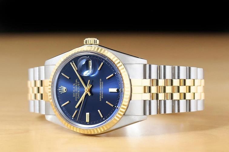 ROLEX MENS DATEJUST 16013 18K YELLOW GOLD STEEL BLUE DIAL 2-TONE JUBILEE WATCH - 2
