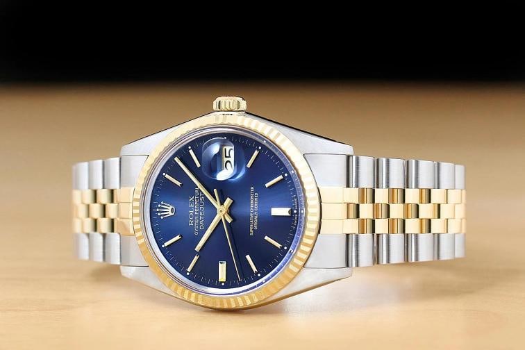 ROLEX MENS DATEJUST 16013 18K YELLOW GOLD STEEL BLUE DIAL 2-TONE JUBILEE WATCH - 3