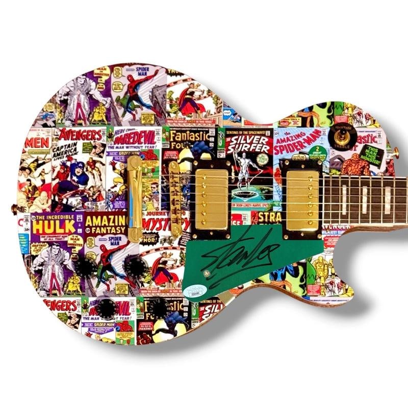 Stan Lee Signed Guitar Custom Graphics JSA COA Marvel Spider-Man Hulk: Industry: Movies,Movie: The Avengers,Signed by: Stan Lee,Signed: Yes,Autograph Authentication: James Spence (JSA),Original/Reproduction: Original,Country of Origin: United States