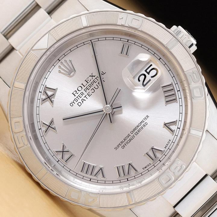 2002 ROLEX DATEJUST 16264 TURN-O-GRAPH THUNDERBIRD 18K GOLD STEEL OYSTER WATCH: Condition: Pre-owned - Excellent,Bezel Color: Silver,Max Wrist Size: 7.26-7.5 in,Number of Jewels: 31 Jewels,Indices: Roman Numerals,Year Manufactured: 2000-2009,Bezel: Rolex 18K White Gold Turn-O-Gra