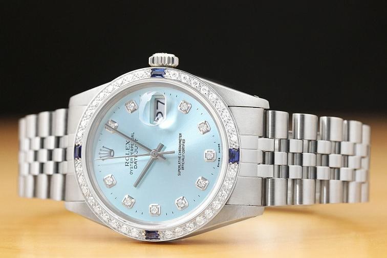 MENS ROLEX DATEJUST 16014 ICE BLUE DIAMOND 18K WHITE GOLD STEEL SAPPHIRE WATCH - 2