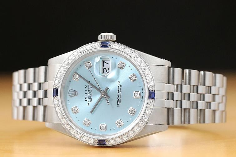 MENS ROLEX DATEJUST 16014 ICE BLUE DIAMOND 18K WHITE GOLD STEEL SAPPHIRE WATCH - 3