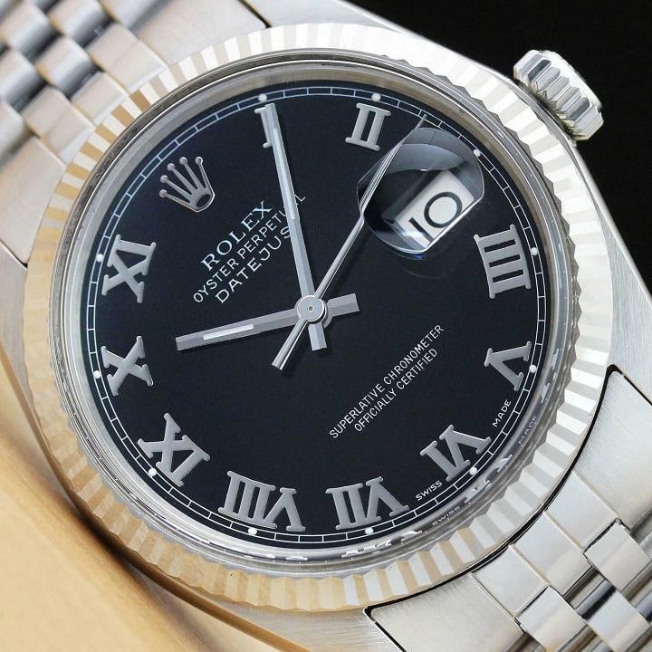 MENS ROLEX DATEJUST 16014 BLACK ROMAN 18K WHITE GOLD SS WATCH w/ JUBILEE BAND: Condition: Pre-owned - Excellent,Bezel Color: Silver,Max Wrist Size: 7.26-7.5 in,Number of Jewels: 27 Jewels,Indices: Roman Numerals, 12-Hour Dial,Bezel: Rolex 18K White Gold Fluted Bezel,Band/Strap: 