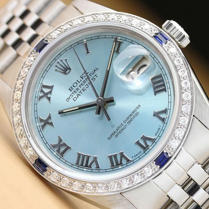 MENS ROLEX DATEJUST 16014 ICE BLUE ROMAN 18K GOLD DIAMOND SAPPHIRE STEEL WATCH: Condition: Pre-owned - Excellent,Bezel Color: Silver,Max Wrist Size: 7.26-7.5 in,Number of Jewels: 27 Jewels,Indices: Roman Numerals, 12-Hour Dial, Multiple Hands,Bezel: Custom 18K White Gold Diamond