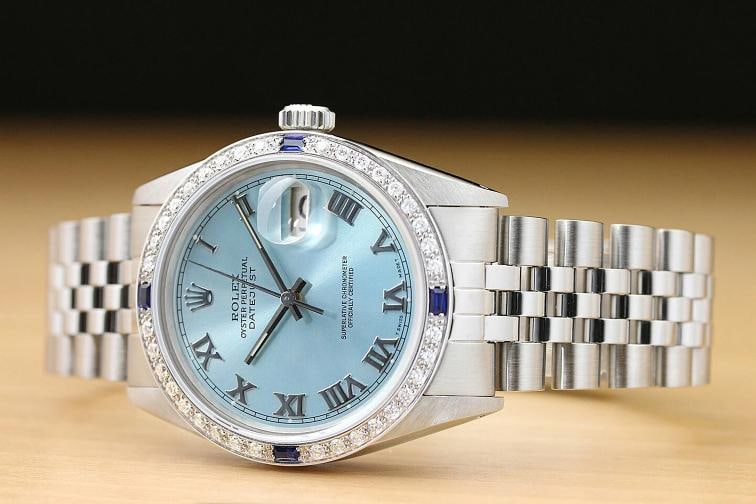 MENS ROLEX DATEJUST 16014 ICE BLUE ROMAN 18K GOLD DIAMOND SAPPHIRE STEEL WATCH - 2