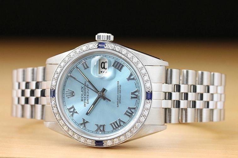 MENS ROLEX DATEJUST 16014 ICE BLUE ROMAN 18K GOLD DIAMOND SAPPHIRE STEEL WATCH - 3