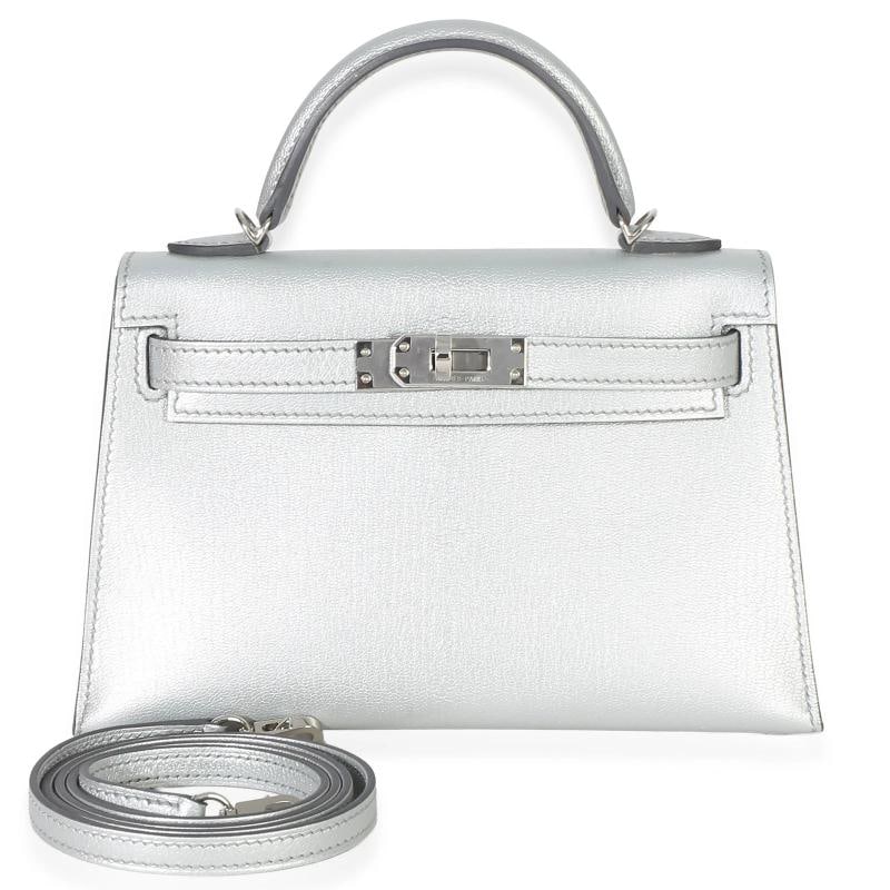 HermÃƒÂ¨s Argent Metallic Chevre Chamkilight Sellier Mini Kelly II 20 PHW: Condition: Pre-owned - Good,Country of Origin: France,Dimensions: 7.5 x 5 x 2,Handbag Accessories: Box;Dustbag;Receipt;Gift Ribbon;Care Booklet;Felt Protector;Remov,Bag Width: 7.5 in,Bag Depth: 2