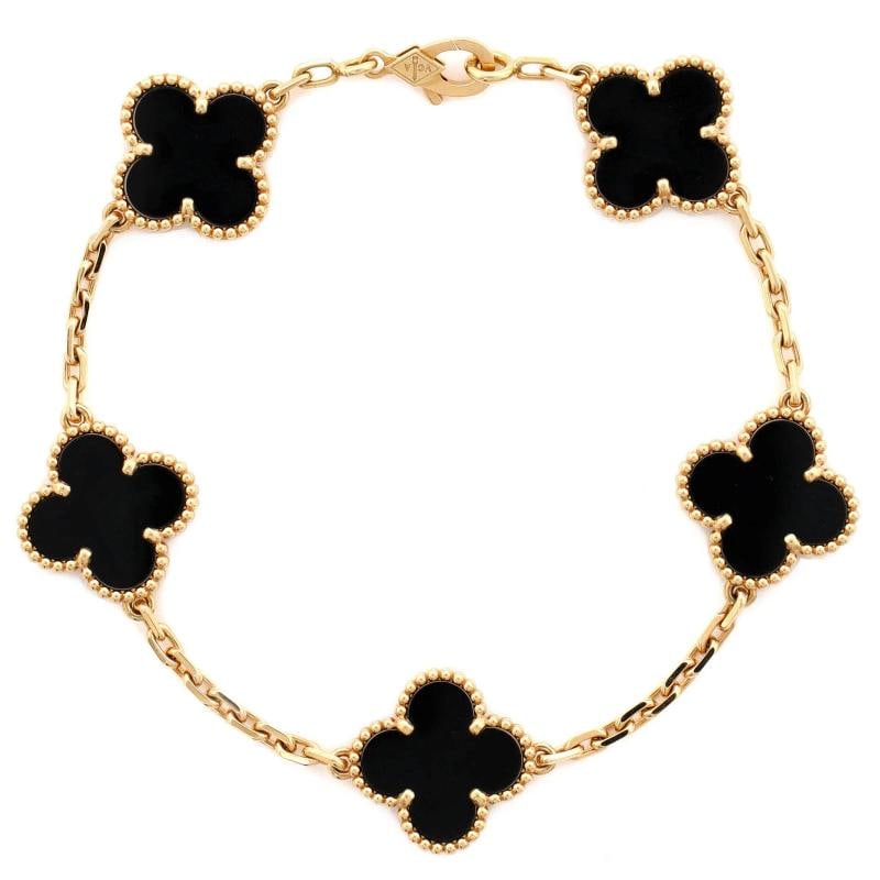 Van Cleef & Arpels Vintage Alhambra 5 Motifs Bracelet 18K Yellow Gold and Onyx: Measurements: Circumference: 6.75 ", Width: 14.95 mm . Condition: Pre-owned - Good,Brand: Van Cleef & Arpels,Main Stone: Onyx,Metal: 18K Yellow Gold,Metal Purity: 18K,Style: Bracelet,Type: