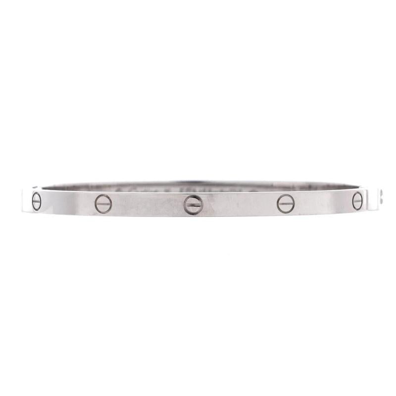 Cartier Love Bracelet 18K White Gold Small: Measurements: Circumference: 5.80 ", Width: 3.55 mm . Condition: Pre-owned - Good,Brand: Cartier,Main Stone: Unknown,Metal: 18K White Gold,Metal Purity: 18K,Style: Bracelet,Type: Bracelet,Color: White