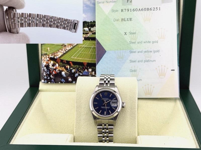 Rolex Ladies Datejust 79160 26mm Blue Dial Jubilee Stainless Steel Box Papers: Style Number: 79160 Serial: F25**** Year: 2004 Model: Rolex Ladies Datejust Case Material: Stainless Steel Band: Stainless Steel Jubilee Bezel: Stainless Steel Dial: Blue Dial Crystal: Sapphire Case
