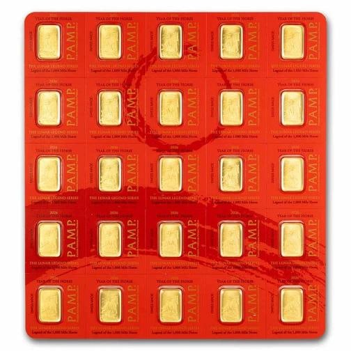 25x1 gram Gold Bar PAMP Suisse Lunar Horse Multigram (In Assay): Brand: PAMP Suisse,MPN: 324677,Year: 2026,Fineness: 0.9999,Denomination: N/A,Country of Origin: Switzerland,Circulated/Uncirculated: None,Certification: Uncertified