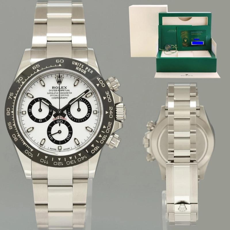 2023 NEW PAPERS Rolex Daytona 116500LN White Ceramic Panda 40mm Watch Box: Case & Dial Case Material: Rolex Stainless Steel Case Size: 40mm Bezel: Rolex Black Ceramic Crystal: Rolex Sapphire Dial: Rolex White Movement & Bracelet Movement: Rolex Automatic Bracelet Design: Rol