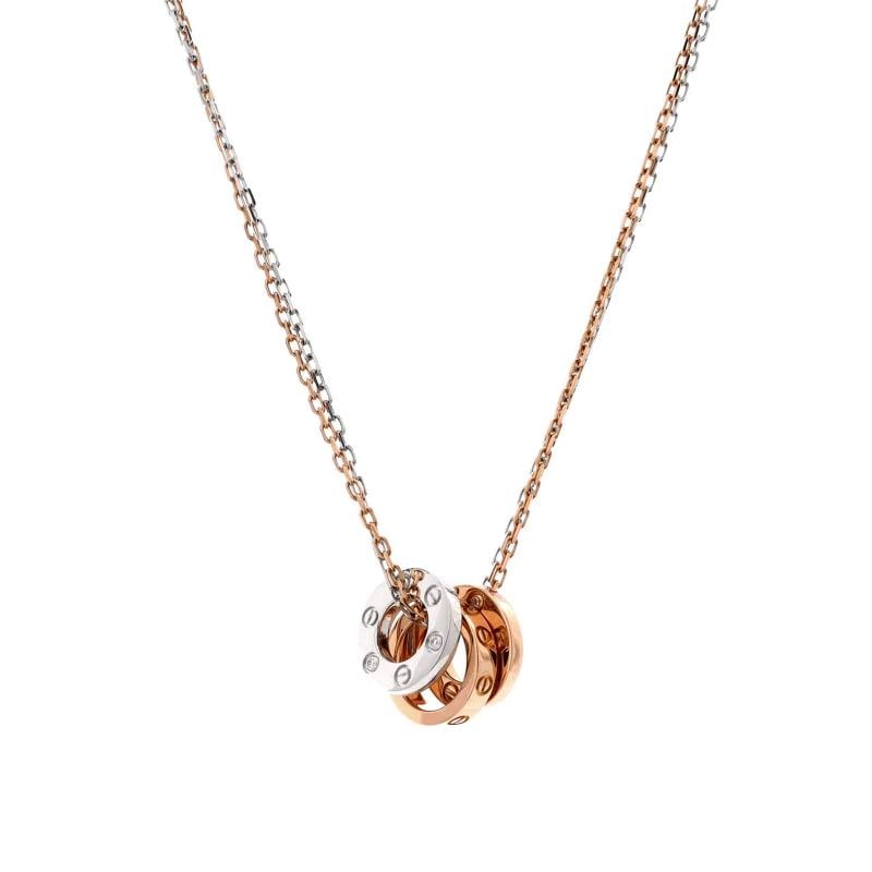 Cartier Love 3 Ring Pendant Necklace 18K Rose Gold and 18K White Gold with 6: Measurements: Length: 14.75 - 16.0 ", Pendant Length: 10.80 mm, Pendant Width: 5.95 mm . Condition: Pre-owned - Good,Brand: Cartier,Main Stone: Diamond,Metal: 18K Rose Gold,Metal Purity: 18K,Style: