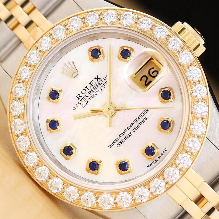 ROLEX DATEJUST 69173 18K YELLOW GOLD 1.1 CT STEEL MOP SAPPHIRE DIAMOND WATCH: Condition: Pre-owned - Excellent,Department: Women's,Brand: Rolex,Style: Dress/Formal, Luxury: Dress Styles,Features: 12-Hour Dial, Chronometer, Sapphire Crystal, Screwdown Crown, Self-Winding, Swiss 