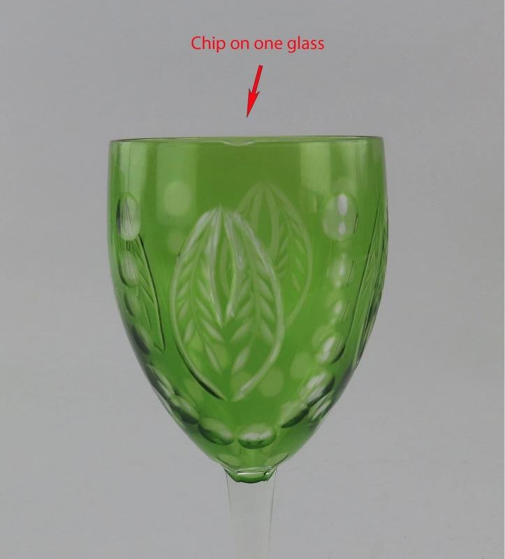 Lovely Set 10 Antique Green Cut to Clear Cut Glass Wine Glasses Stemware 6" - 4