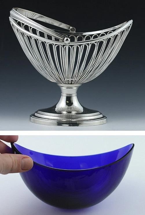 Antique 19th Century Sheffield Fused Silver Plate Glass Liner Basket Dish - 2