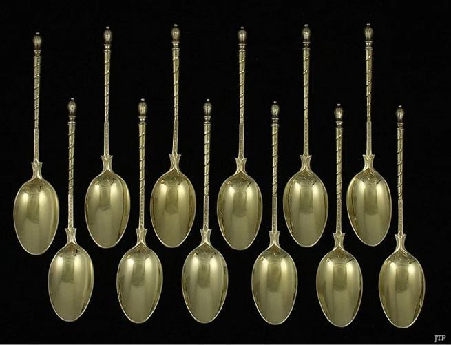12 Antique 1850s French Gilt 950 Sterling Silver Engraved Demitasse Spoons 4 3/4: Each spoon measures 4 Ã‚Â¾ inches long and the combined weight of the set is 190 grams or 6.7 ounces. . Type: Spoons,Age: 1850s,Material: Silver,Region: France,Maker: Joseph