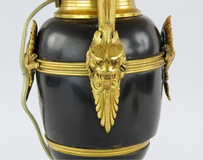Mid-1800s French Style Black Stone Urn Lamps Pair w/ Green Lampshades 17" Tall - 5