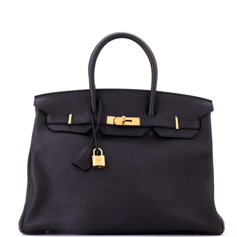 Hermes Birkin Handbag Black Togo with Gold Hardware 35: Accessories: Keys, Dust Bag, Lock, Clochette Measurements: Handle Drop None", Height 10", Width 13.5", Depth 7", Strap Drop None". Condition: Pre-owned - Good,Brand: Hermes,Exterior Material: