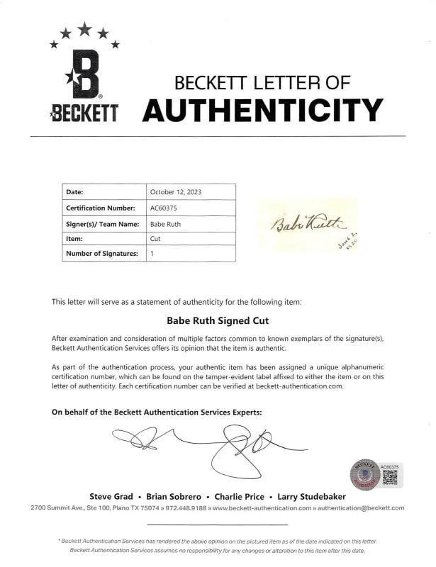 Yankees Babe Ruth Authentic Signed 1.5x3 Cut Signature Autographed BAS & PSA - 3