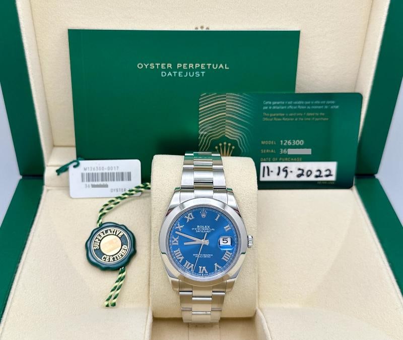 2022 Rolex Datejust 41 126300 Azzurro Blue Roman Dial Stainless Steel Box Paper: Condition: Pre-owned - Excellent,Bezel Color: Silver,Indices: Roman Numerals,Year Manufactured: 2020-Now,Band/Strap: Rolex Oyster,Case Color: Silver,Department: Men,Bezel Type: Smooth,Watch Shape: Rou