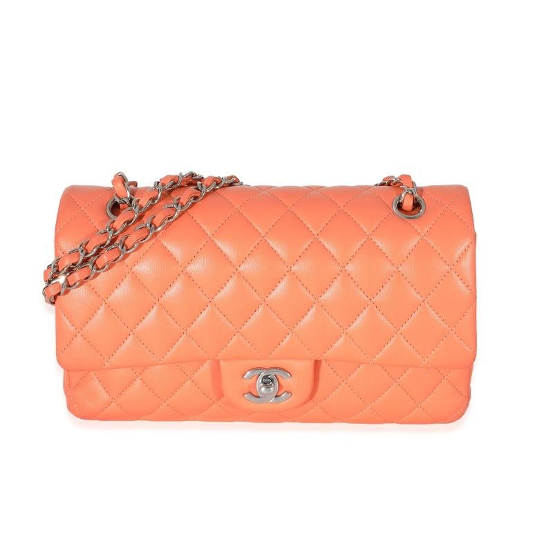 Chanel Orange Quilted Lambskin Medium Classic Double Flap Bag: Condition: Pre-owned - Good,Country of Origin: France,Dimensions: 10 x 5.5 x 2.5,Handbag Accessories: Box;Care Booklet;Felt Protector,Bag Width: 10 in,Bag Depth: 2.5 in,Bag Height: 5.5 in,Department: