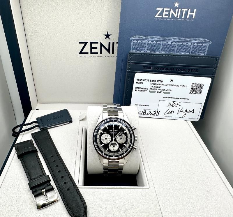 2024 Zenith Chronomaster Original Triple Calendar Hodinkee 03.3401.3610/21.M3200: Style Number: 03.3401.3610/21.M3200 Year: 2024 Model: Zenith Chronomaster Original Triple Calendar - HODINKEE Edition Case Material: Stainless Steel Band: Stainless Steel Bezel: Stainless Steel Dial: