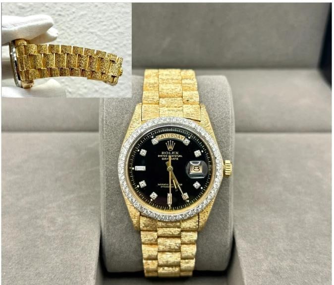 Rolex Day Date President Bark 1803 Black Diamond Dial Diamond Bezel 18K Gold: Style Number: 1803 Bark Finish Serial: 5061*** Year: 1978 Model: Rolex Day-Date President Case Material: 18K Yellow Gold Band: 18K Yellow Gold with Bark Finish Bezel: Custom Diamond Bezel Dial: