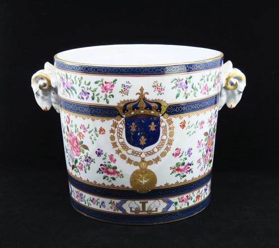 Superb Mid/Late 1800s French Ram's Head Armorial Wine Cooler Champagne Bucket: The piece measures about 12 1/4 inches from handle to handle, or about 9 inches in diameter at the rim without the handles. The height at the rim is about 8 5/8 inches.