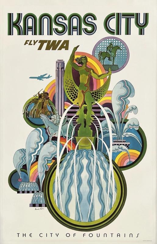 Original Vintage Poster KANSAS CITY - FLY TWA Airline Travel Tourism Klein LINEN (1 of 5)