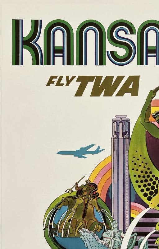 Original Vintage Poster KANSAS CITY - FLY TWA Airline Travel Tourism Klein LINEN - 2