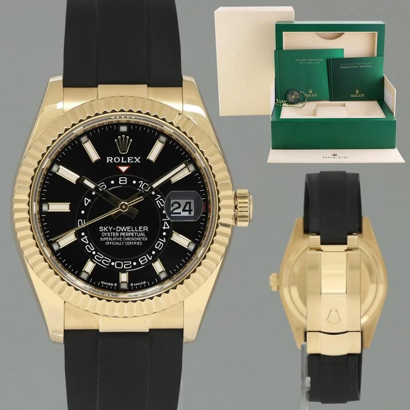 2023 MINT Rolex Sky-Dweller Yellow Gold Black Oysterflex 336238 Watch Box: Brand Rolex (Guaranteed Authentic) Model Sky-Dweller Reference Number 336238 Serial Number Random Serial Gender Men's Metal Yellow Gold Case Size 42.00mm Wrist Size This watch will currently comfortab