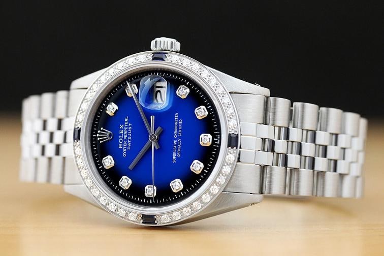 MENS ROLEX DATEJUST BLUE VIGNETTE SAPPHIRE DIAMOND 18K WHITE GOLD & STEEL WATCH - 2