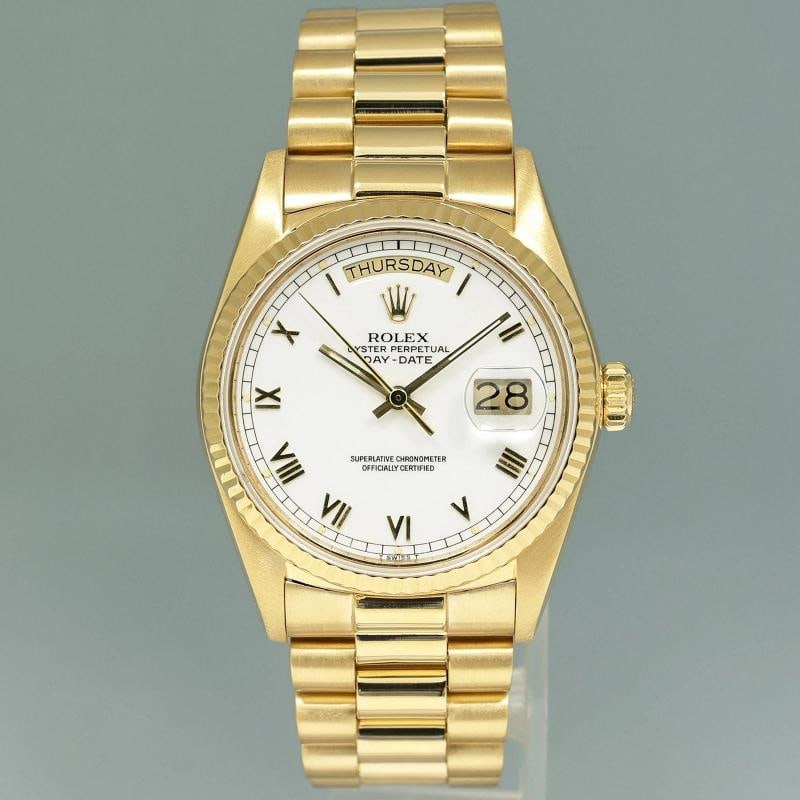 MINT Rolex 36mm President Day Date White Roman 18038 Quick Set Yellow Gold Watch - 2