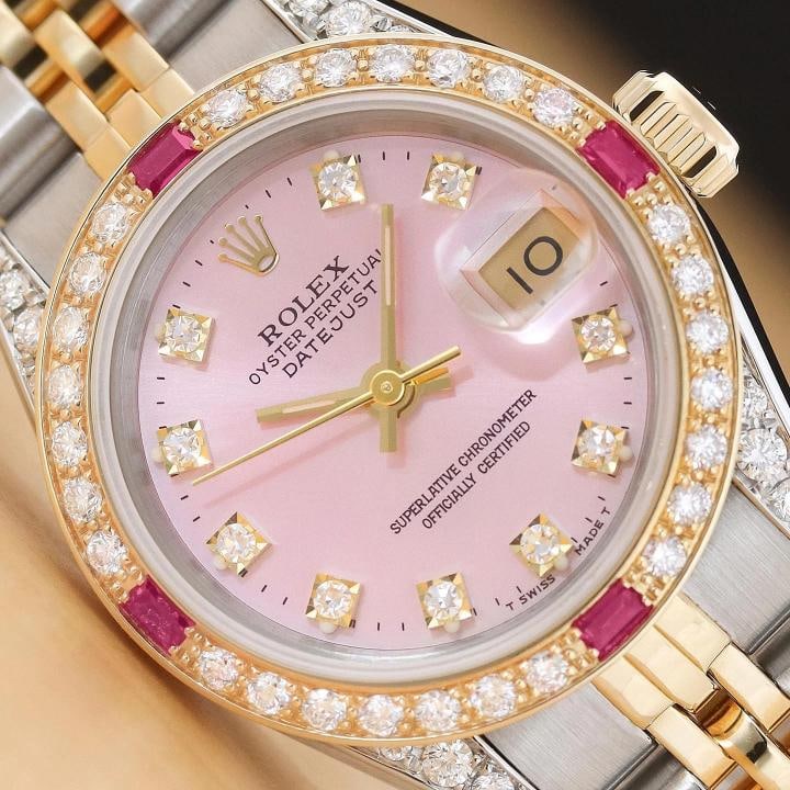 ROLEX LADIES DATEJUST 69173 PINK FACTORY DIAMOND RUBY 18K GOLD STEEL WATCH: Condition: Pre-owned - Excellent,Country of Origin: Switzerland,Department: Women's,Brand: Rolex,Style: Dress/Formal, Luxury, Luxury: Dress Styles,Features: 12-Hour Dial, Chronometer, Sapphire