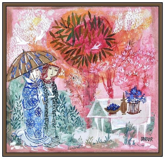Gertrude Barrer Original Oil Painting On Board Figurative Signed Framed Artwork: "Eastern Elegance Original" is a delightful figurative garden scene filled with warmth, romance, and decorative detail, making it one of the most engaging works by Barrer we have made available.
