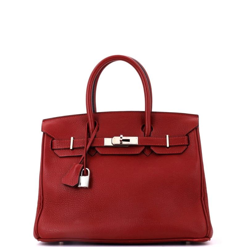 Hermes Birkin Handbag Red Clemence with Palladium Hardware 30: Condition: Pre-owned - Fair,Brand: Hermes,Exterior Material: Leather,Style: Top Handle,Exterior Color: Red,Department: Women,Size: 30,Accessories: Clochette, Lock, Keys